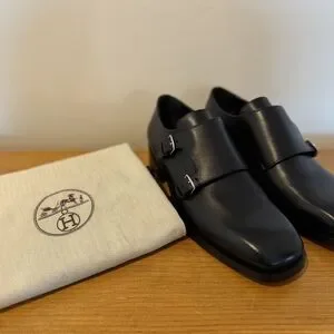 NWT Men\'s Black HERMES Calfskin Leather Double Monk Strap Shoes Handcrafted Double Monk Strap Men main image 4